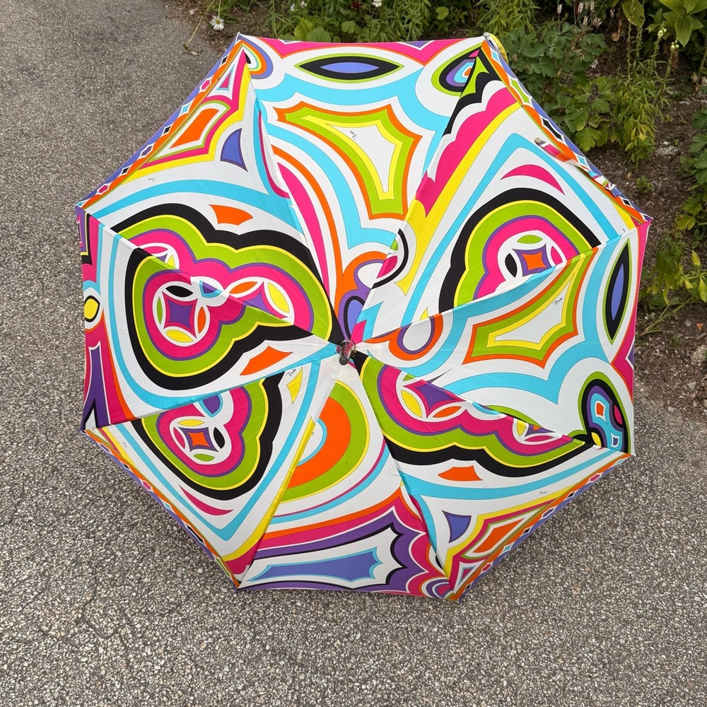 Rare 2000s Emilio Pucci Multicolor Geometric Umbrella With Wood & Leather Handle - Picture 2 of 13